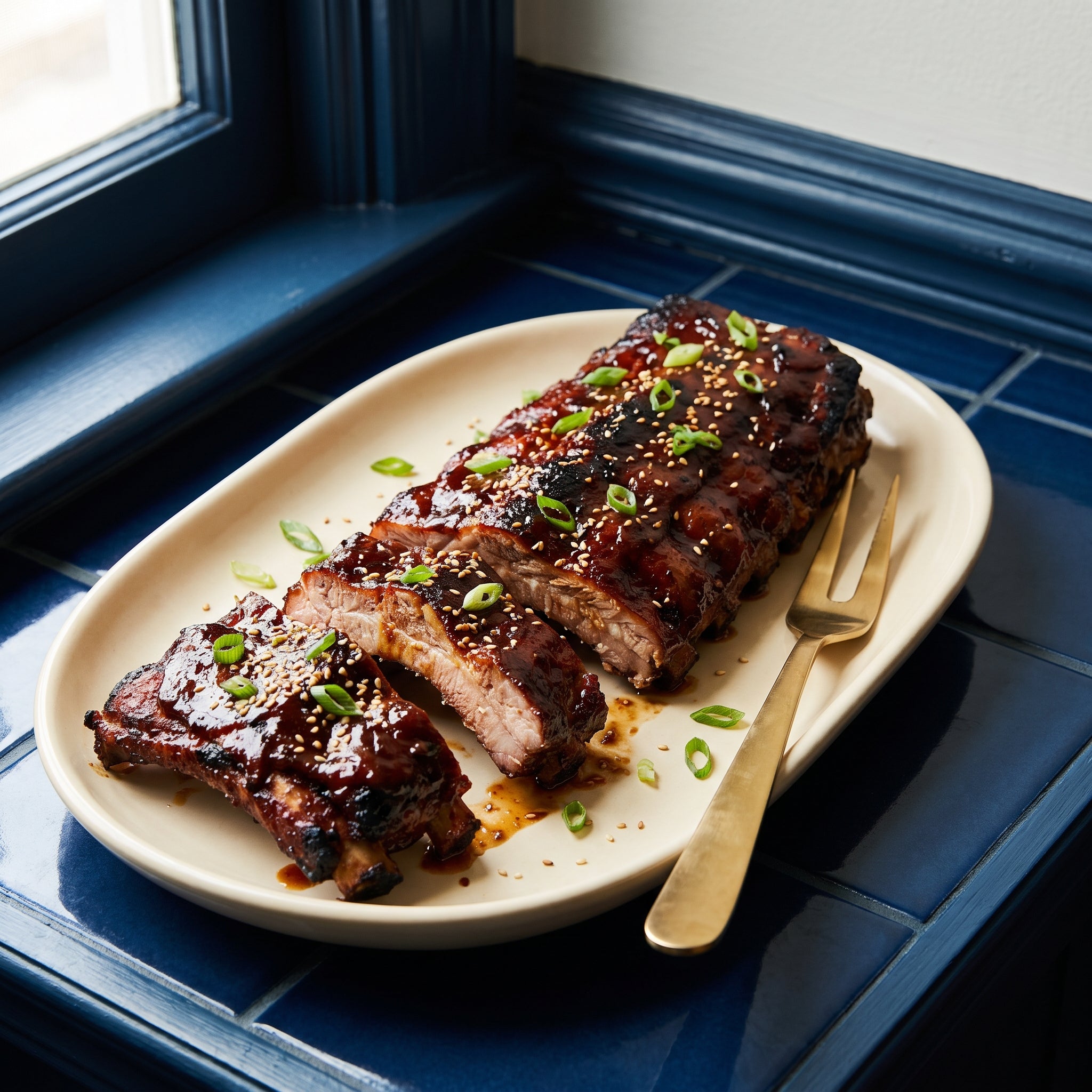 Finished glazed ribs sliced on a cream tray