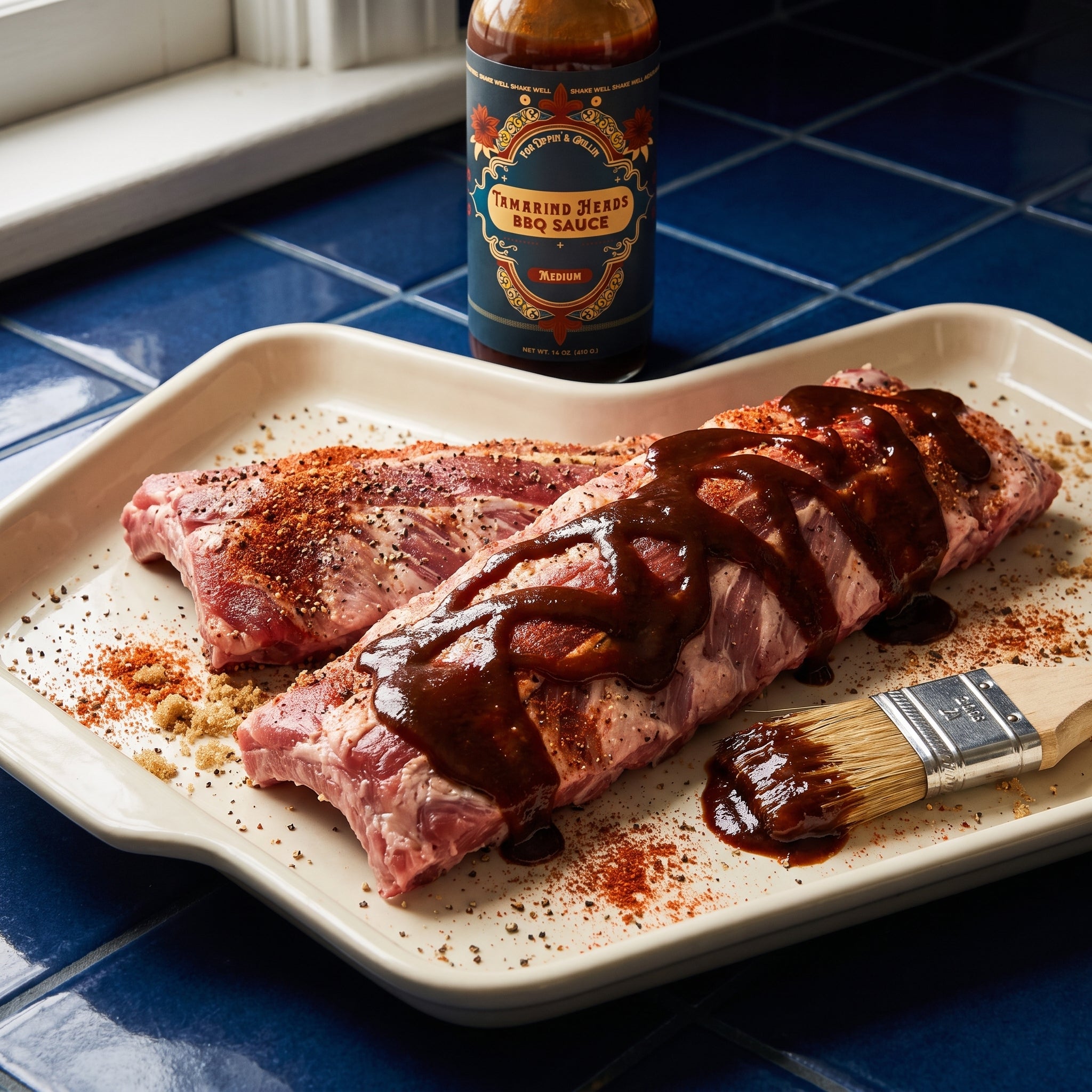 Raw ribs being marinated with tamarind BBQ sauce and a basting brush