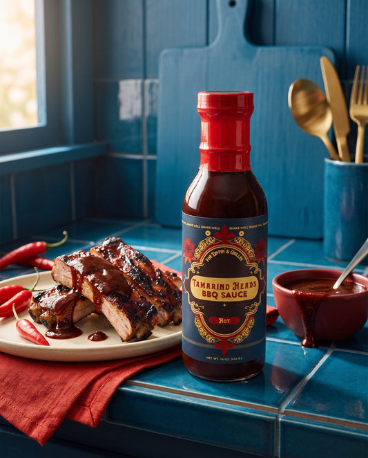 Tamarind Heads Hot BBQ sauce bottle beside glazed ribs and red chillies on a blue tiled counter