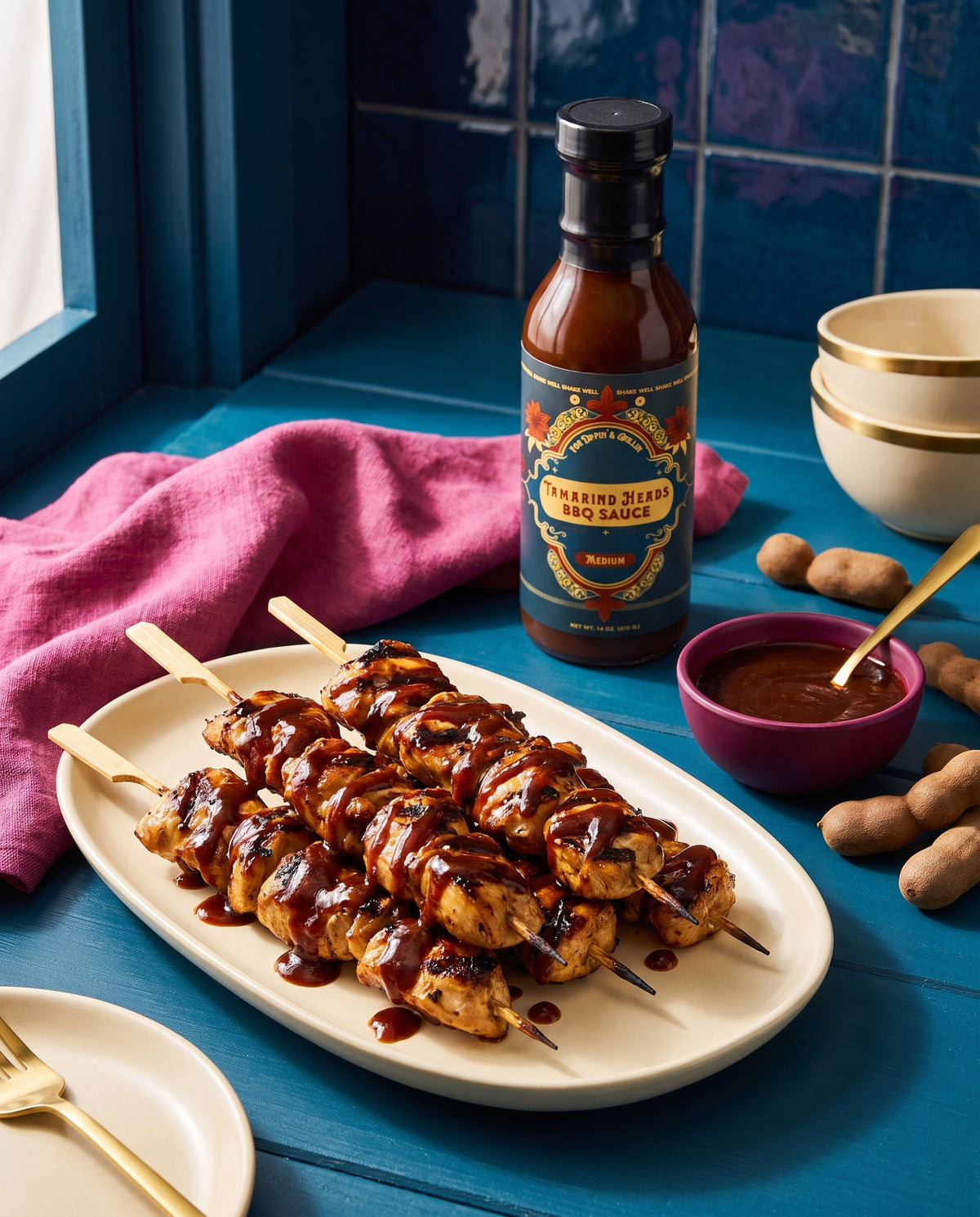 Tamarind Heads Medium BBQ sauce in use at the table