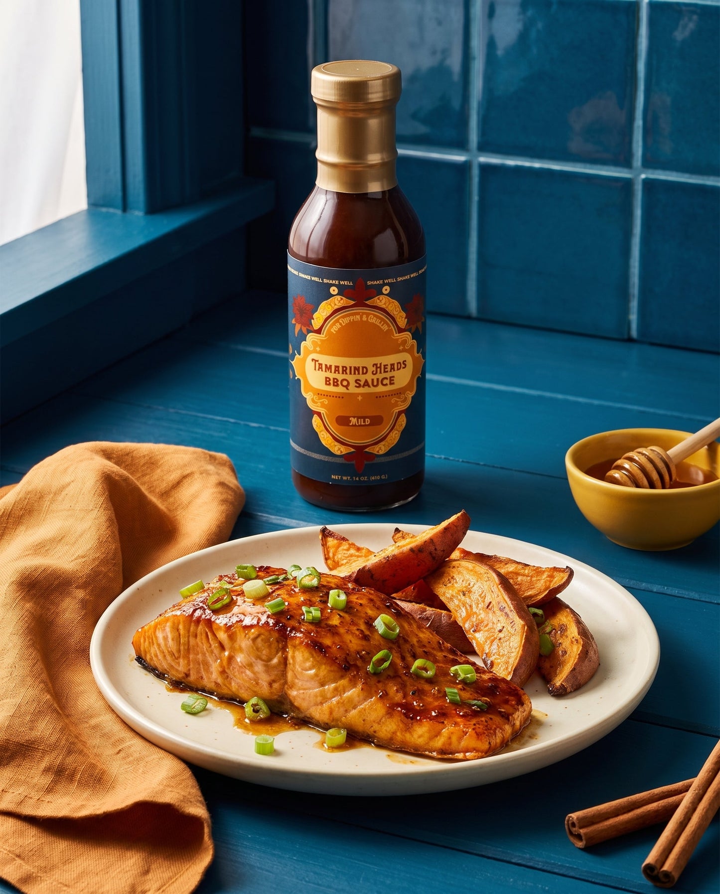 Tamarind Heads Spiced Honey Mild BBQ sauce in use at the table
